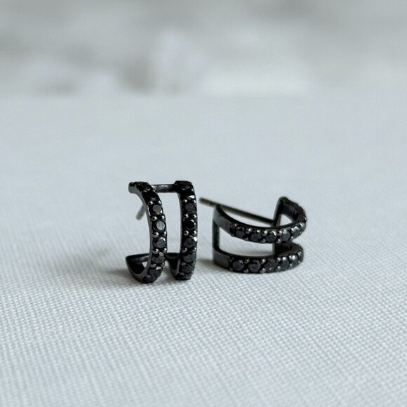 14K BLACK GOLD GEM DOUBLE HOOP EARRINGS - Picture 2 of 12